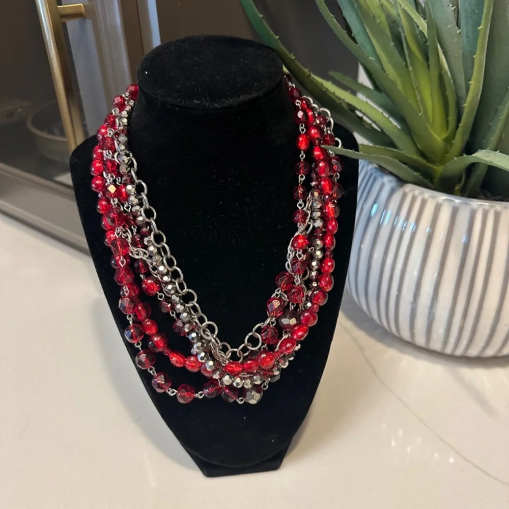 Red &‎ Silver Multi Strand Necklace-WHBM